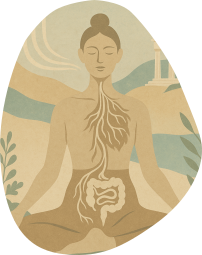 Illustration d'une femme assis en lotus, représentée avec son système digestif