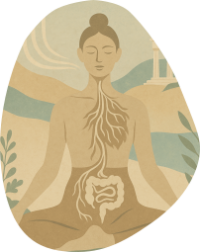 Illustration d'une femme assis en lotus, représentée avec son système digestif
